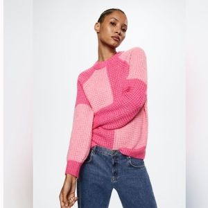 MANGO pink check reverse knit sweater